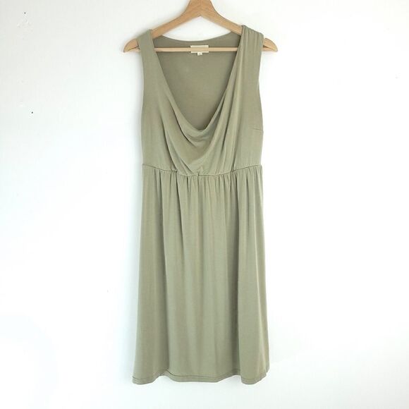 Nicole Bridger Vancouver Khaki Green Jersey Dress with Draping Plunge Neckline - Picture 1 of 6